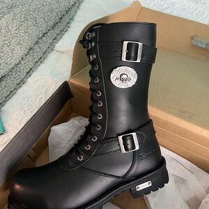 Black Leather Combat Boots with Silver Buckles